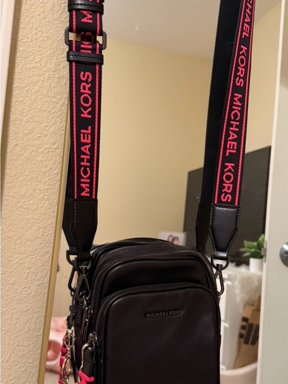 Michael Kors Black Belt Bag with Pink Logo Strap